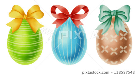 Set of watercolor illustrations featuring Easter eggs with a silk bow. Happy Easter! Perfect for spring holidays, greeting cards, seasonal decor, packaging, and textiles. 138557548