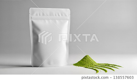 blank white standing pouch bag packaging mockup pile green matcha tea powder grey background organic natural healthy product diet drink concept minimalist design blank white standing pouch bag packaging mockup pile green matcha tea powder grey background organic natural healthy product diet drink concept minimalist design 138557603