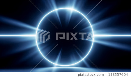 Glowing blue neon circle with powerful radiating light rays and beams isolated on deep black background, symbolizing futuristic energy power focus and digital gateway Glowing blue neon circle with powerful radiating light rays and beams isolated on deep black background, symbolizing futuristic energy power focus and digital gateway 138557604