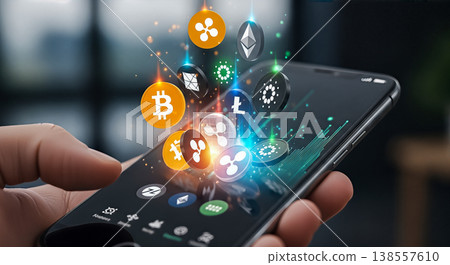 Smartphone with glowing 3d cryptocurrency coins floating above screen bitcoin ethereum ripple litecoin digital money finance concept 138557610
