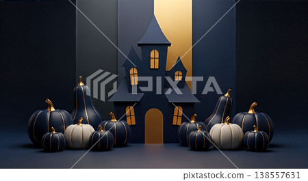 dark minimal 3d render displaying black haunted house silhouette standing among painted dark blue and white golden decorative pumpkins over stylish blank background dark minimal 3d render displaying black haunted house silhouette standing among painted dark blue and white golden decorative pumpkins over stylish blank background 138557631