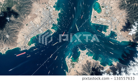 breathtaking top down satellite view showcasing massive busy cargo seaport connecting blue ocean with coastal city landscape filled with container ships traffic breathtaking top down satellite view showcasing massive busy cargo seaport connecting blue ocean with coastal city landscape filled with container ships traffic 138557633