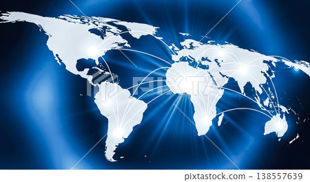 abstract global digital connection background displaying white world map linked by glowing light lines networking nodes over dark blue space 138557639