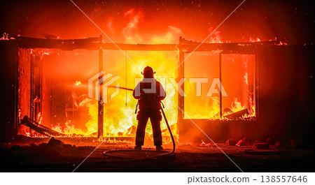 brave firefighter silhouette standing front massive burning house spraying water blazing flames intense heat dangerous rescue operation extreme emergency job hero concept night brave firefighter silhouette standing front massive burning house spraying water blazing flames intense heat dangerous rescue operation extreme emergency job hero concept night 138557646