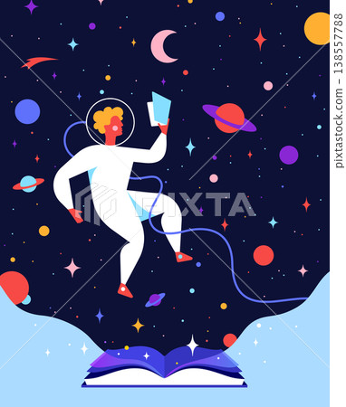 Magic space book astronaut reading concept 138557788