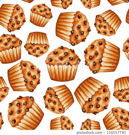 A watercolor seamless pattern featuring hand-drawn chocolate chip cupcakes. Perfect for bakeries, cafes, packaging, menu design, store branding, cookbooks, and recipes. A watercolor seamless pattern featuring hand-drawn chocolate chip cupcakes. Perfect for bakeries, cafes, packaging, menu design, store branding, cookbooks, and recipes. 138557795