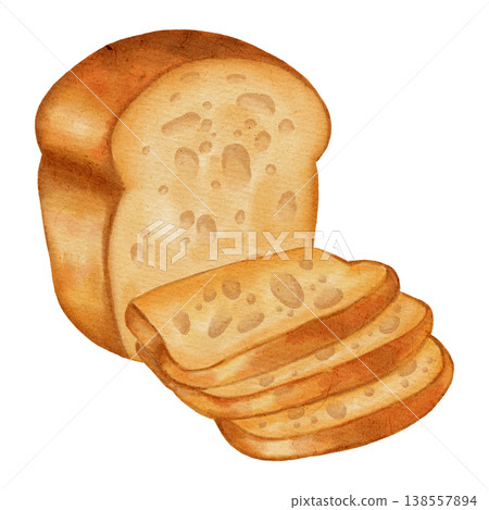 Watercolor illustration of a square loaf of white bread, often used for toast or sandwiches. Bakery products. Perfect for bakery branding, menu design, food packaging, cookbooks, and recipes. 138557894