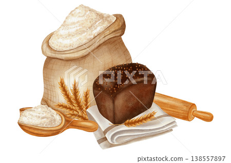 Watercolor illustration featuring a sack of flour, a rolling pin, ears of wheat, and a loaf of fresh bread on a napkin. Perfect for bakery branding, menu, food packaging, cookbooks, recipes Watercolor illustration featuring a sack of flour, a rolling pin, ears of wheat, and a loaf of fresh bread on a napkin. Perfect for bakery branding, menu, food packaging, cookbooks, recipes 138557897