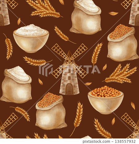 A seamless watercolor pattern featuring a mill, sacks of flour, grain, and wheat. Agriculture. Harvest. Food. Perfect for bakeries, cafes, menus, packaging, and farm branding A seamless watercolor pattern featuring a mill, sacks of flour, grain, and wheat. Agriculture. Harvest. Food. Perfect for bakeries, cafes, menus, packaging, and farm branding 138557932