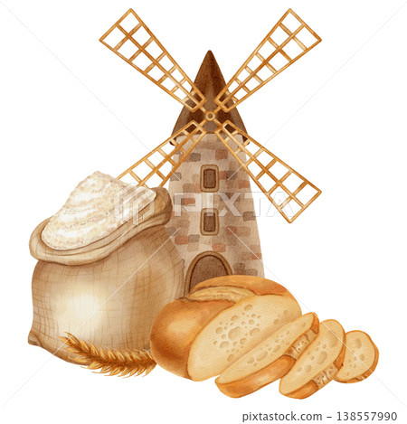 Watercolor illustration featuring a mill, flour, bread, buns, and a croissant. Ideal for branding, packaging, and harvesting, as well as advertising bakery, farm, organic products, cookbooks, recipes Watercolor illustration featuring a mill, flour, bread, buns, and a croissant. Ideal for branding, packaging, and harvesting, as well as advertising bakery, farm, organic products, cookbooks, recipes 138557990