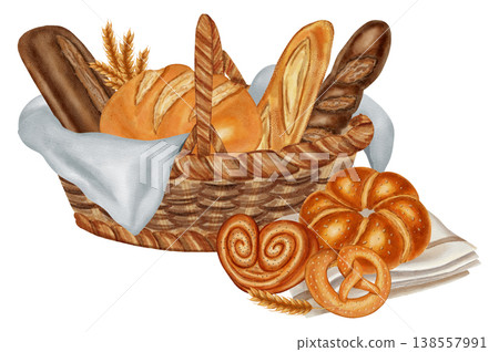 Watercolor illustration of a basket overflowing with different baked goods: dark and white bread, rolls, croissants, and muffins. Ideal for bakery menu, food packaging, cookbooks, recipes Watercolor illustration of a basket overflowing with different baked goods: dark and white bread, rolls, croissants, and muffins. Ideal for bakery menu, food packaging, cookbooks, recipes 138557991