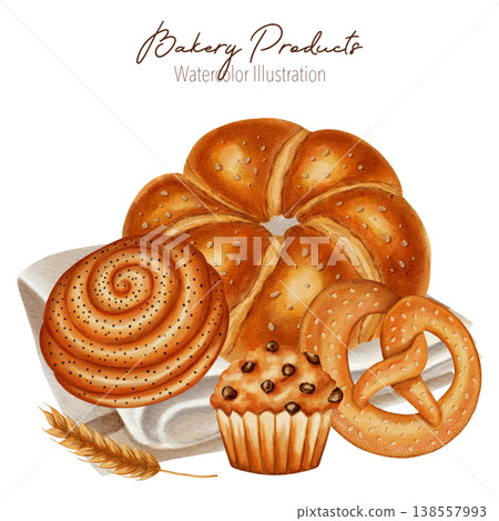 Watercolor illustration featuring a composition of sweets and baked goods: muffins, croissants, buns, and rolls. Perfect for bakery branding, menus, product packaging, cookbooks, recipes, and desserts Watercolor illustration featuring a composition of sweets and baked goods: muffins, croissants, buns, and rolls. Perfect for bakery branding, menus, product packaging, cookbooks, recipes, and desserts 138557993
