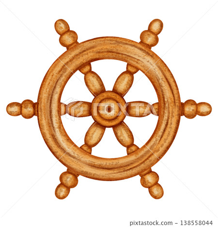 Watercolor illustration of a vintage wooden ship's wheel. Watercolor illustration on the theme of sea fishing. Children's, marine, tourist. For design, prints, patterns, postcards, sea travel 138558044
