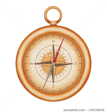 Watercolor illustration vintage nautical compass. Marine navigation tool for travel and discovery. Children's, nautical, and travel themes. Suitable for design, prints, postcards, sea travel 138558046