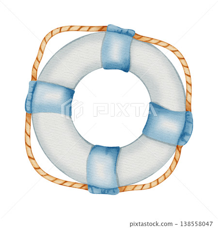 Watercolor illustration lifebuoy with blue stripes and rope. Safety equipment for marine rescue. Children's, nautical, travel themes. Suitable for design, prints, postcards, sea travel decoration Watercolor illustration lifebuoy with blue stripes and rope. Safety equipment for marine rescue. Children's, nautical, travel themes. Suitable for design, prints, postcards, sea travel decoration 138558047