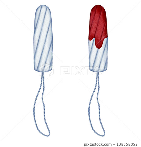 Watercolor set of two tampons: clean and with blood. Concept of menstrual cycle, flow, and hygiene product usage. Hand-drawn medical illustration on white. Watercolor set of two tampons: clean and with blood. Concept of menstrual cycle, flow, and hygiene product usage. Hand-drawn medical illustration on white. 138558052