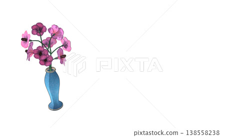 A 3D illustration of a blue vase decorated with pink flowers. A 3D illustration of a blue vase decorated with pink flowers. 138558238