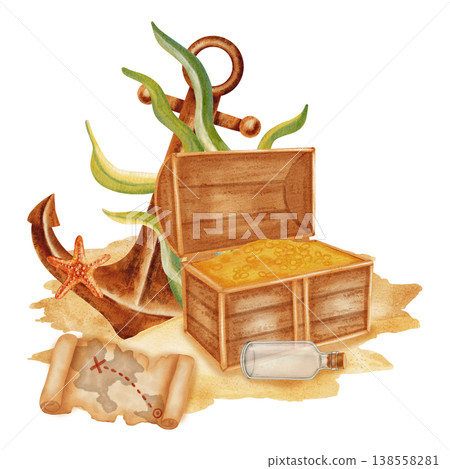 Watercolor illustration of treasure scene with an open chest full of gold, anchor, treasure map, a message in a bottle, compass, starfish on the sand. Children's, nautical, sea travel themes 138558281
