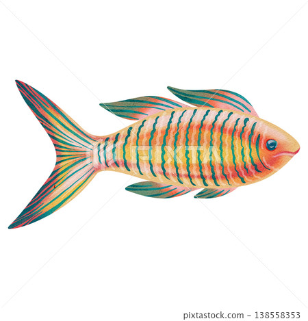 Watercolor illustration of tropical fish. Colorful exotic fish. Bright illustrations, suitable for cheerful summer designs, textiles, summer and children's clothing. Print for children's. 138558353