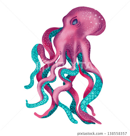 Watercolor illustration of cute octopus. Friendly sea creature with tentacles. Bright illustrations, suitable for sea travel, cheerful summer designs, textiles, summer and children's clothing 138558357