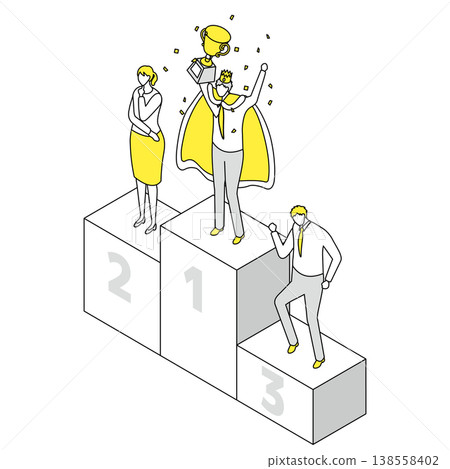 Isometric line drawing illustration of a businessman holding up a winner's trophy on a podium. Isometric line drawing illustration of a businessman holding up a winner's trophy on a podium. 138558402