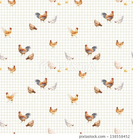 Watercolor Chicken Seamless Pattern Cute Farm Birds Rustic Country Cottagecore Design 138558452