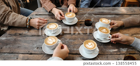 Photo of people enjoying coffee drinks together at a rustic wooden table, fostering connection and conversation in a cafe setting. 138558455