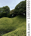Green landscape with rolling hills and trees in Japanese park. Concept of nature, tranquility, and outdoor environment. Scenic view of lush greenery under cloudy sky. 138558460