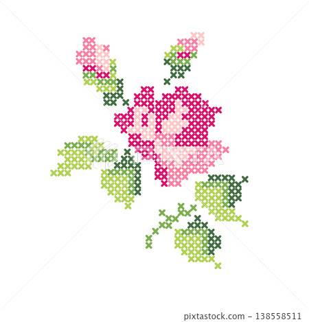 Cottagecore Cross Stitch Rose Embroidery Floral Element Vintage Rustic Pink Flower Vector 138558511