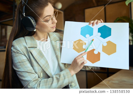 Woman with headphones presenting diagram on paper during online coaching. Woman with headphones presenting diagram on paper during online coaching. 138558530