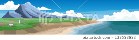 Horizontal or landscape view of coastal area with small cliffs and lowlands. vast ocean stretches to the side with towering mountains under blue sky and white clouds in the background. 138558658