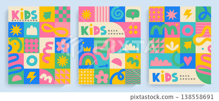 Set of kids geometric flyers, fun hand drawn doodle shapes and squiggles in childish style. Colorful drawings, bright design for web, design, packaging, label, advertise, wallpaper and print. Vector Set of kids geometric flyers, fun hand drawn doodle shapes and squiggles in childish style. Colorful drawings, bright design for web, design, packaging, label, advertise, wallpaper and print. Vector 138558691