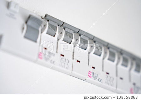 Close up of circuit breakers in electrical panel 138558868
