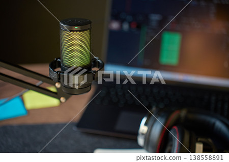 Audio recording studio with microphone, headphones and laptop 138558891