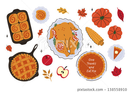 Thanksgiving holiday food set, top view. Vector graphics 138558910