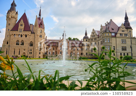 Moszna Castle with fountain and garden in Poland Moszna Castle with fountain and garden in Poland 138558923