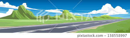 Perspective of clear asphalt road leads directly to the destination ahead. On the green meadows of a flat hillside. Background of green mountains under blue sky and white clouds at day. Perspective of clear asphalt road leads directly to the destination ahead. On the green meadows of a flat hillside. Background of green mountains under blue sky and white clouds at day. 138558997