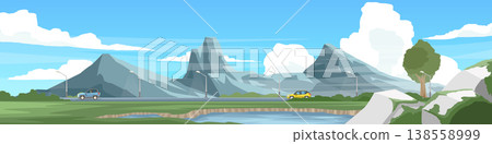Landscape view of asphalt road through a rural area. Car driving on the road with lighting pole side of road. Rocky hills and a water source in front. With mountain and blue sky for background. Landscape view of asphalt road through a rural area. Car driving on the road with lighting pole side of road. Rocky hills and a water source in front. With mountain and blue sky for background. 138558999