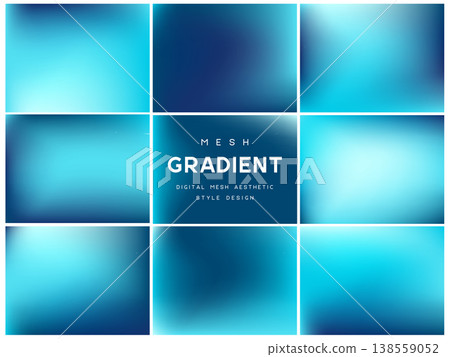 Collection of deep ocean and aqua mesh gradients. Abstract blue water backgrounds for technology, marine and fresh minimal designs. Blurred liquid textures, vector illustration. Collection of deep ocean and aqua mesh gradients. Abstract blue water backgrounds for technology, marine and fresh minimal designs. Blurred liquid textures, vector illustration. 138559052
