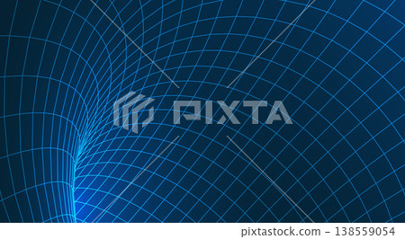 Fast motion speed tunnel with neon blue glowing 3D wireframe mesh and geometric warp grid for time travel hyperspace effect, dynamic vector illustration. 138559054