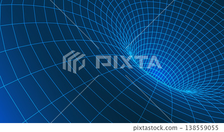 High-tech nanotechnology tunnel with 3D wireframe mesh and neon blue glowing geometric structure representing atomic lattice flow, innovation vector illustration. High-tech nanotechnology tunnel with 3D wireframe mesh and neon blue glowing geometric structure representing atomic lattice flow, innovation vector illustration. 138559055