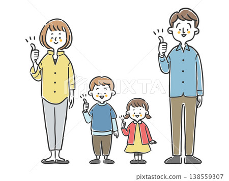 一對夫婦和他們的孩子豎起大拇指（全身像，向量圖） 138559307