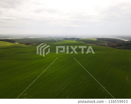 Aerial view of rolling green agricultural fields with gentle hills, rural farmland landscape under cloudy sky Aerial view of rolling green agricultural fields with gentle hills, rural farmland landscape under cloudy sky 138559915