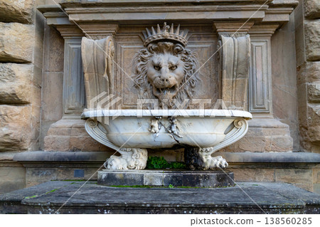 A weathered marble fountain featuring a regal lion head sculpture with a crown, set against a textured stone wall A weathered marble fountain featuring a regal lion head sculpture with a crown, set against a textured stone wall 138560285