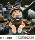 An adorable frontline commander: a camouflage-clad tabby cat in a helmet on reconnaissance duty from a tank hatch. 138560289