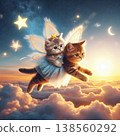 The magical flight of fairy kittens with wings soaring from the sea of clouds into the starry sky at dusk. 138560292