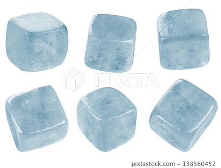 Collection of blue ice cubes isolated on white background.  138560452