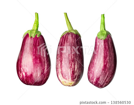 Striped eggplants isolated on white background, fresh aubergine vegetables set 138560530