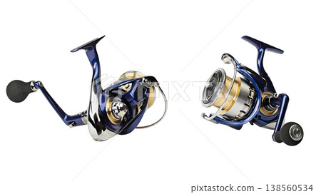 Two perspectives of a premium blue and gold spinning fishing reel Two perspectives of a premium blue and gold spinning fishing reel 138560534