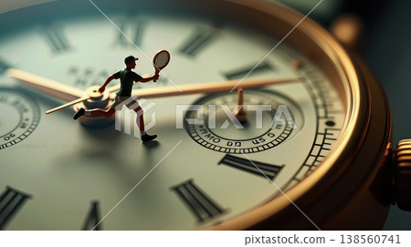 Tiny tennis figure running along wristwatch face edge with hands approaching twelve - break or match timing. AI generated. 138560741